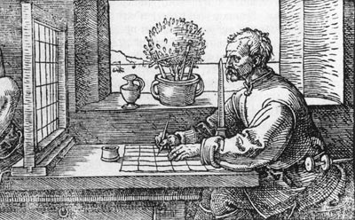 Bowdlerized illustration to Artist and Model in the Studio by Albrecht Dürer, first published in The Painter's Manual in 1525.
