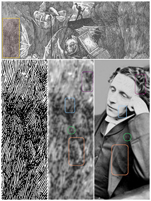 Comparison of a self portrait by Lewis Carroll (probably photographed by Lewis Carroll) and a segment of Henry Holiday's illustration (1876, engraved by Joseph Swain) to the chapter The Beaver's Lesson in Lewis Carroll's The Hunting of the Snark. (The picture in the lower middle is a low pass filtered version of the picture in the lower left corner.)
