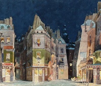 A Paris street - set design for Act II of Puccini's La bohème by Adolfo Hohenstein.