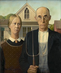 American Gothic (1930) by Grant Wood, located in the Art Institute of Chicago