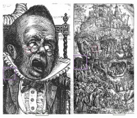 Left: Henry Holiday's depiction (1876) of The Banker after his narrow escape from the claws of the Bandersnatch (chapter The Banker's Fate to Lewis Carroll's The Hunting of the Snark). Right: The Image Breakers (aka Allegory of Iconoclasm, c. 1567) by Marcus Gheeraerts the Elder.