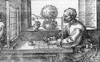 Illustration to Artist and Model in the Studio (detail) by Albrecht Dürer, first published in The Painter's Manual in 1525.