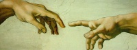 Hands of God and Adam (1500s) is a detail of the Sistine Chapel ceiling  by Michelangelo.