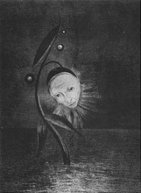 Pierrot is a stock character of mime and Commedia dell'Arte. His character is that of the sad clown.  Illustration: La Fleur du marécage (1885) by Odilon Redon