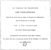 Advertisement for auto-censored Les Fricatrices , from the story "L’Enfer du Chevalier de Kerhany, étude d’éroto-bibliomanie" in Contes pour les bibliophiles.