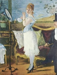 In 1877, French artist Édouard Manet exhibited "Nana", a life-size portrayal of a courtesan in undergarments, standing before her fully clothed gentleman caller. The model for it was the popular courtesan Henriette Hauser.