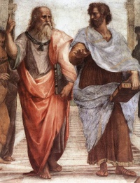 Plato (left) and Aristotle (right), a detail of The School of Athens, a fresco by Raphael. Aristotle gestures to the earth, representing his belief in knowledge through empirical observation and experience, while holding a copy of his Nicomachean Ethics in his hand. Plato holds his Timaeus and gestures to the heavens, representing his belief in The Forms.