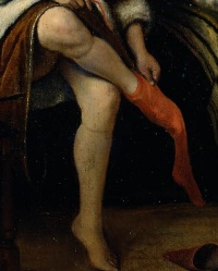 Woman at her Toilet (c. 1661-65) by Jan Steen. This detail shows the legs with sock marks.