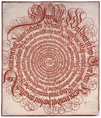 Alle Weissheit ist bey Gott dem Herrn... (1654), informal title of a calligraphy of the Sirach by an anonymous artist, an example of visual poetry  "(Philosophy is) the yelping hound howling at her lord (poetry)  [...] " --Plato, The Republic  Les dents, la bouche. Les dents la bouchent, l'aidant la bouche. L'aide en la bouche. Laides en la bouche. Laid dans la bouche. Lait dans la bouche. L'est dam le à bouche. Les dents-là bouche.  --"Les dents, la bouche," Jean-Pierre Brisset (1837 - 1919) 