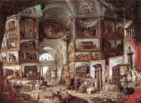 Ancient Rome (1757) by Giovanni Paolo Panini, a real painting depicting imaginary paintings of actual Roman antiquities.