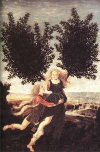 Apollo and Daphne by Antonio Pollaiuolo, one tale of transformation in Ovid's Metamorphoses—he lusts after her and she escapes him by turning into a bay laurel.