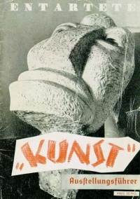 This page Nazi Party is part of the Nazism portal.  Illustration: Cover of the catalogue of the Nazi "Degenerate Art Exhibition" (1937). The exhibition was held to defame modern and Jewish artists. On the cover is Der Neue Mensch sculpture by Otto Freundlich.