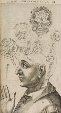  17th century representation of the 'third eye' connection to the 'higher worlds' by alchemist Robert Fludd.   Utriusque cosmi maioris scilicet et minoris metaphysica by Robert Fludd 