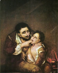 Lazarillo de Tormes (1808-12) by Francisco de Goya "Before the blind man could withdraw his long nose that was choking Lazarillo, his "stomach revolted and discharged the stolen goods in his face, so that his nose and that hastily chewed sausage left (Lazarillo's) mouth at the same time".  Lazarillo de Tormes is an example of the literary genre of the picaresque. 