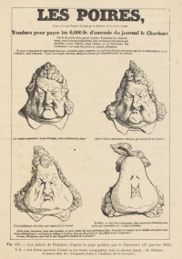 Les Poires (1831-34, English: The Pears), a famous caricature by Charles Philipon. It lampoons the French king Louis Philippe I, who ruled France from 1830 until 1848.  