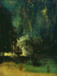 Nocturne in Black and Gold – The Falling Rocket  (c. 1874-77) by James McNeill Whistler caused controversy after art critic John Ruskin commented that Whistler had flung "a pot of paint in the public's face". Whistler subsequently sued Ruskin for defamation.