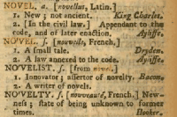Novel as defined by Samuel Johnson in his A Dictionary of the English Language of 1756. The first edition being 1755, there is no reason to assume that it was different.