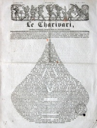 The so-called "Typographic pear", a calligramme which was published on the cover of Le Charivari of February 27, 1834, subverting the magazine's obligation to publish the condemnation by presenting the text in the form of a pear.